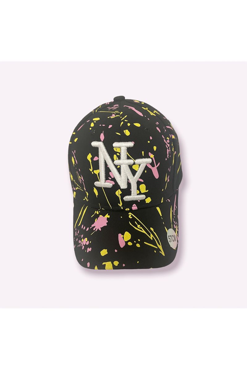 NY New York cap black yellow pink with paint stains - 8