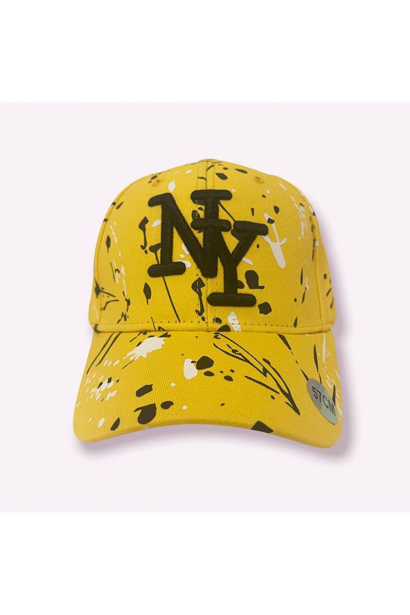 Casquette NY New York jaune noir rose avec taches de peinture  - 1