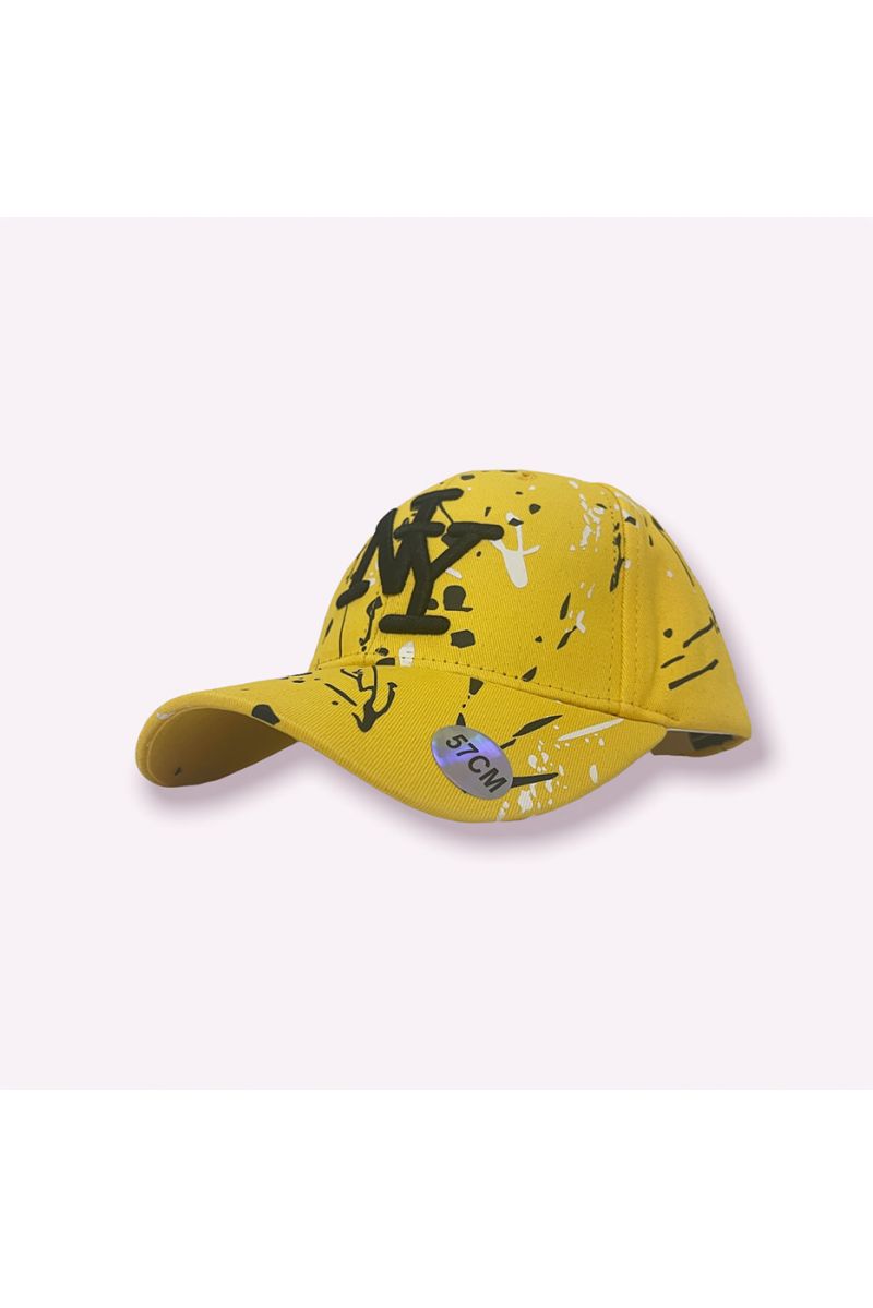 NY New York yellow black pink cap with paint stains - 2