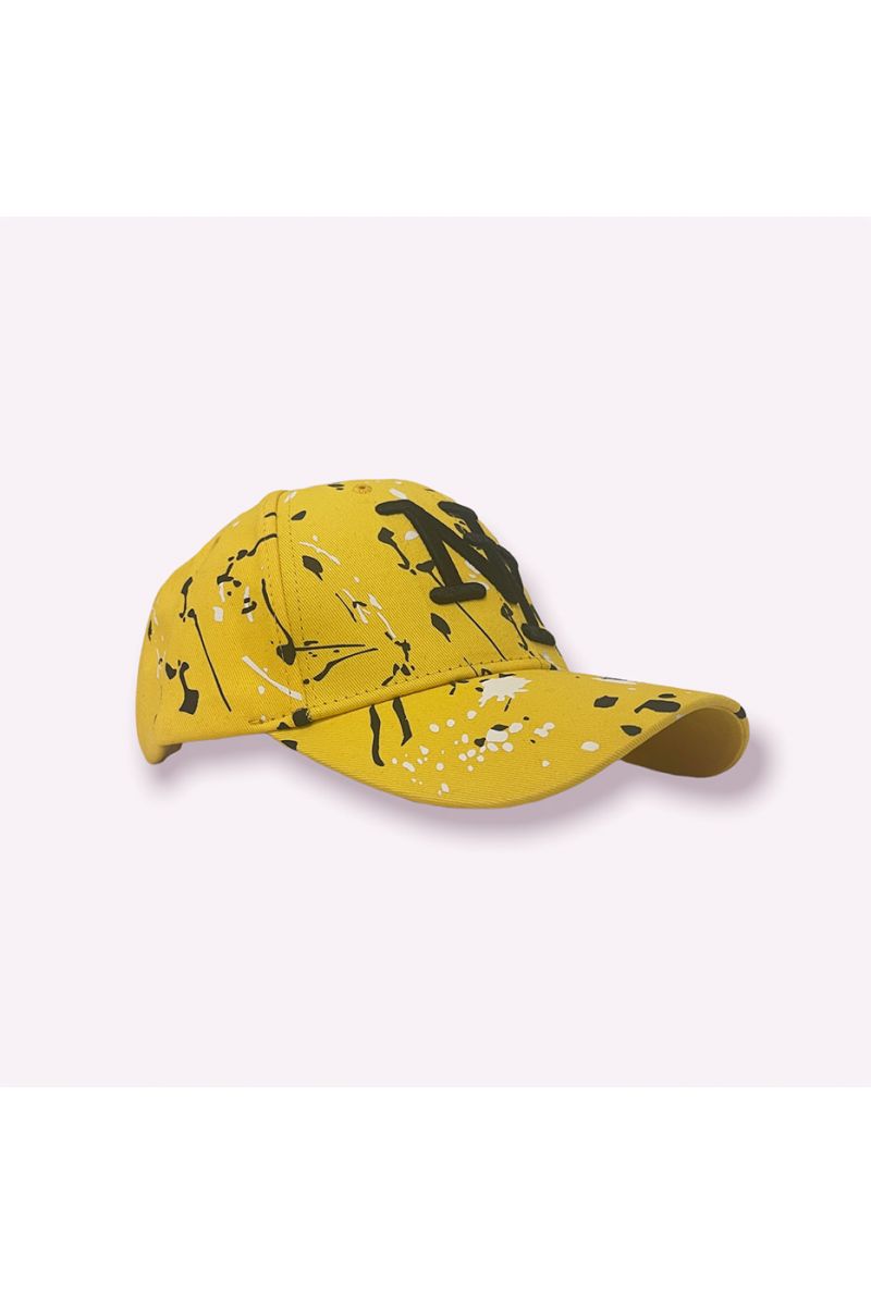 NY New York yellow black pink cap with paint stains - 3
