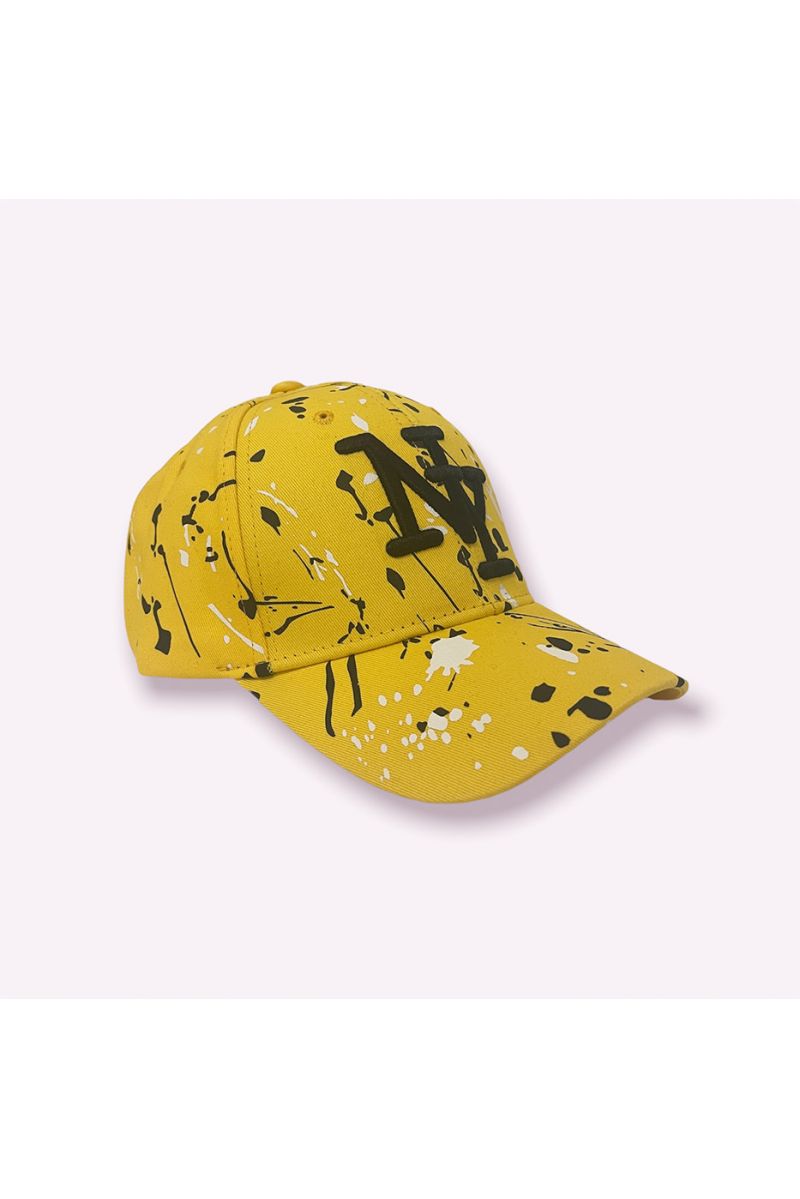 NY New York yellow black pink cap with paint stains - 4