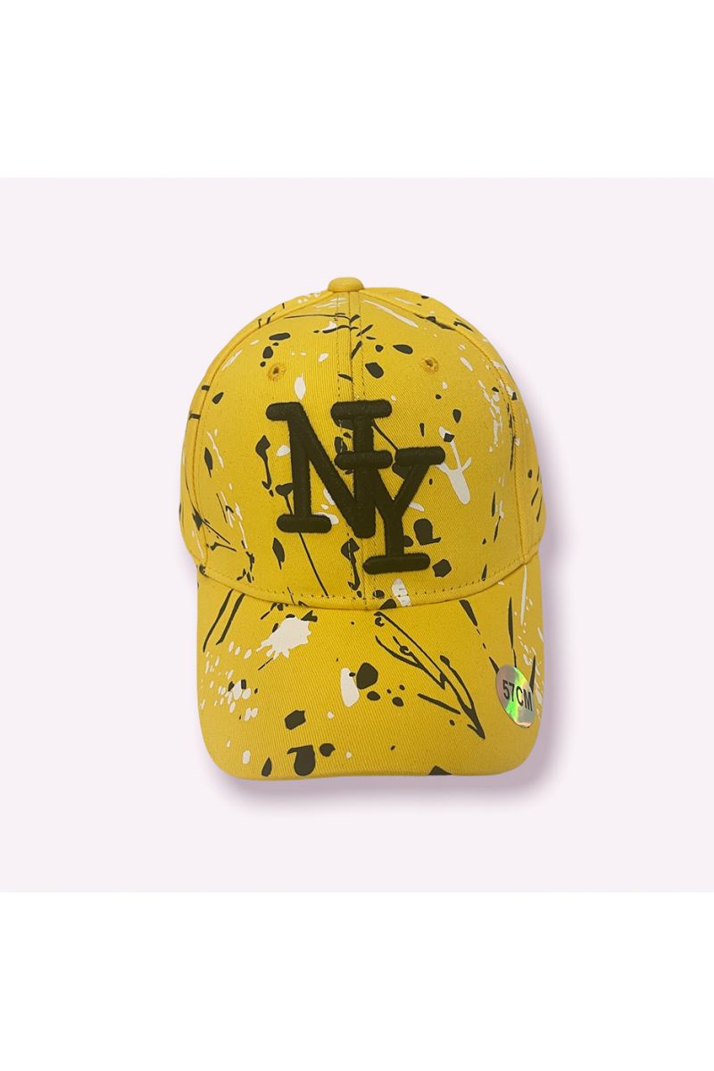 NY New York yellow black pink cap with paint stains - 5