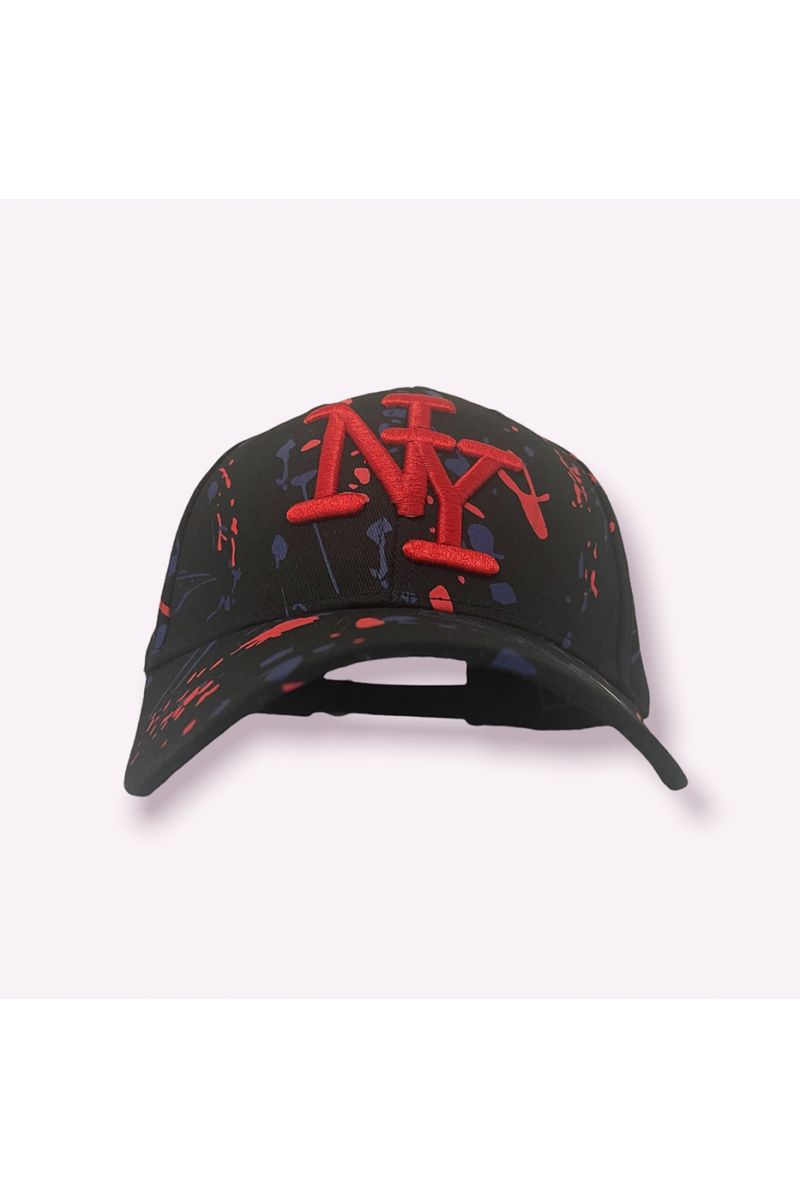 NY New York cap black red navy with paint stains - 1