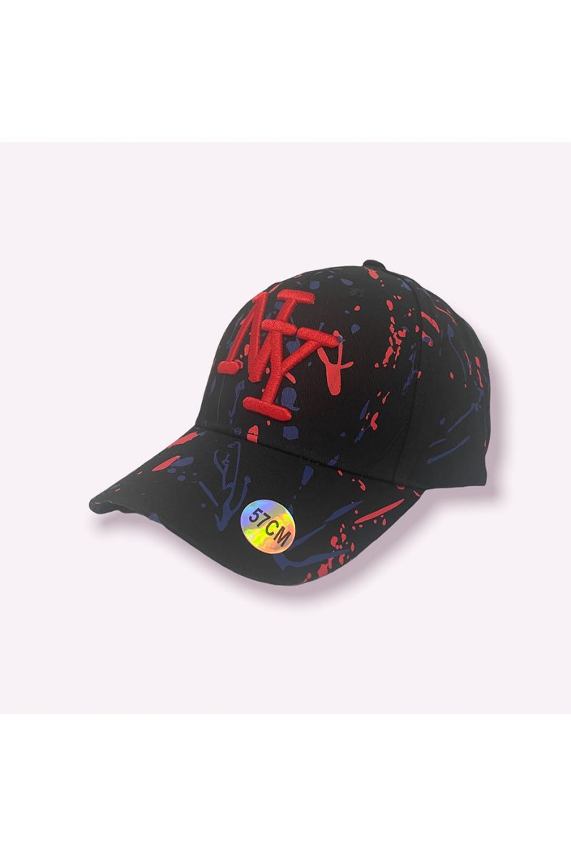 NY New York cap black red navy with paint stains - 3