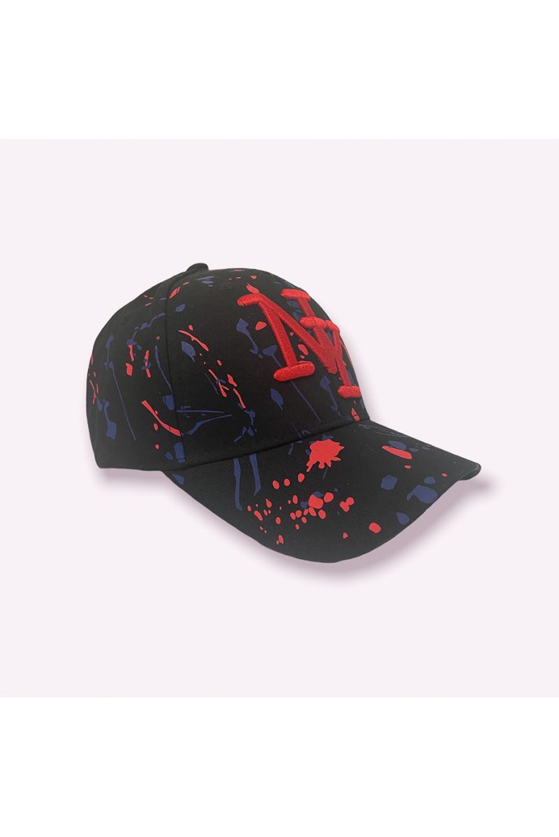NY New York cap black red navy with paint stains - 4