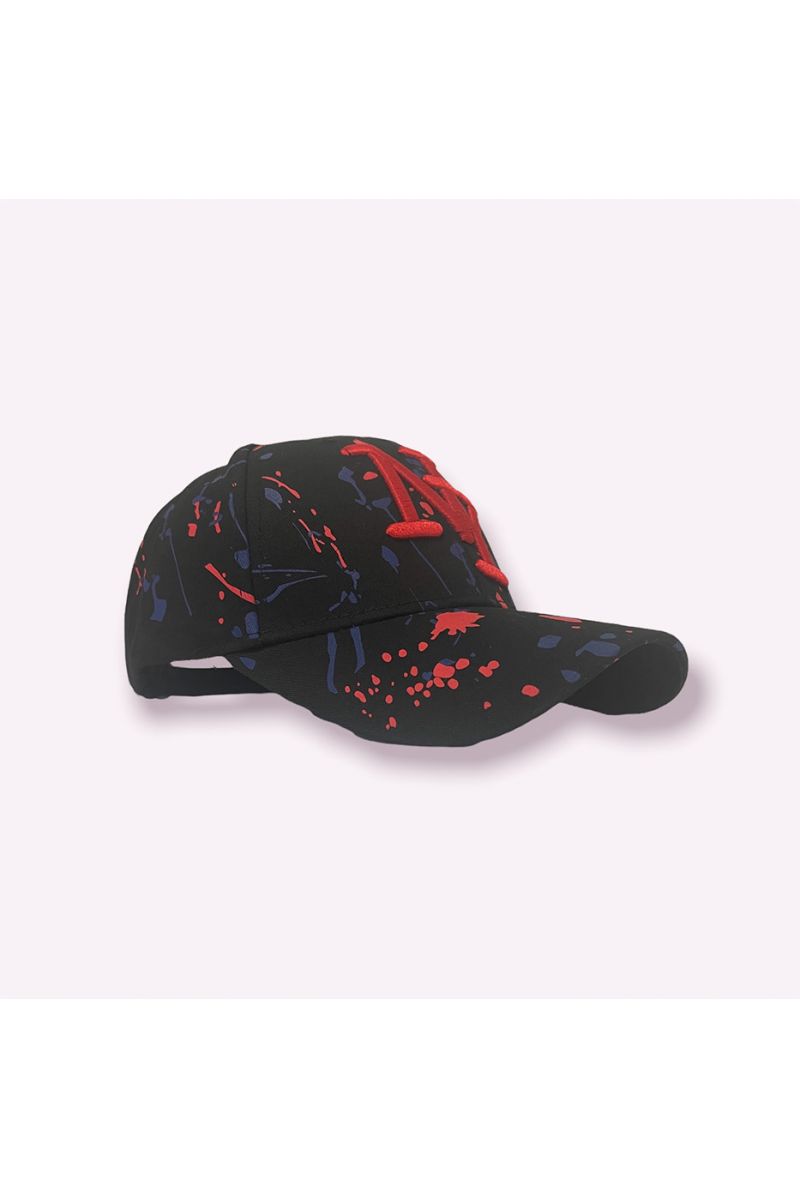 NY New York cap black red navy with paint stains - 5