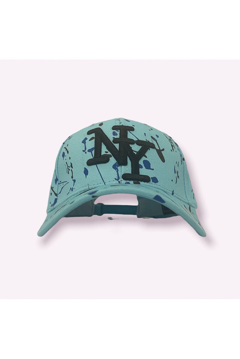 NY New York turquoise cap with paint stains - 1
