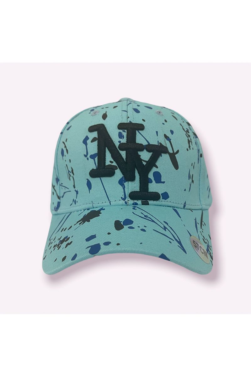 Casquette NY New York turquoise avec taches de peinture  - 2