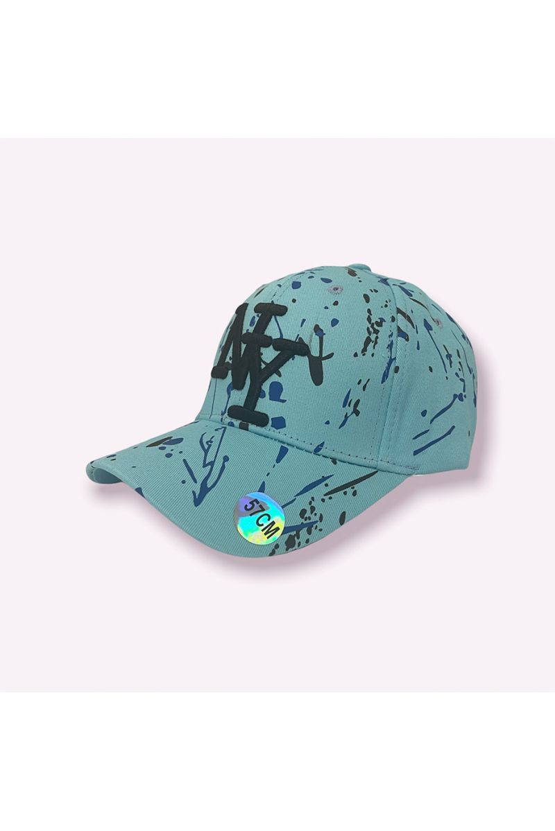 NY New York turquoise cap with paint stains - 3
