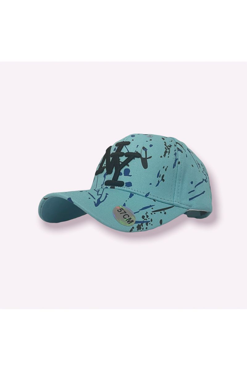 NY New York turquoise cap with paint stains - 4