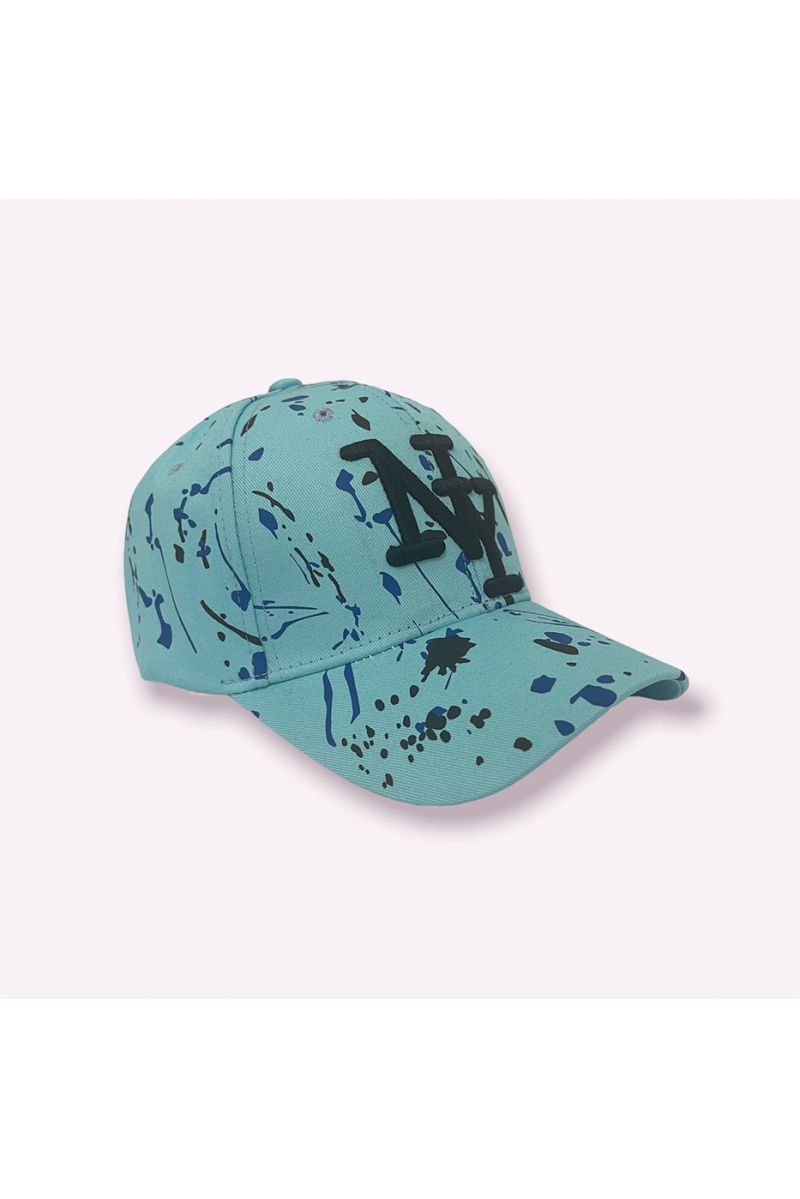 NY New York turquoise cap with paint stains - 5