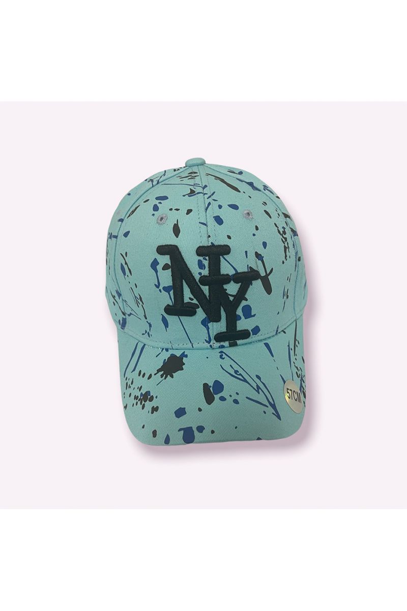NY New York turquoise cap with paint stains - 7