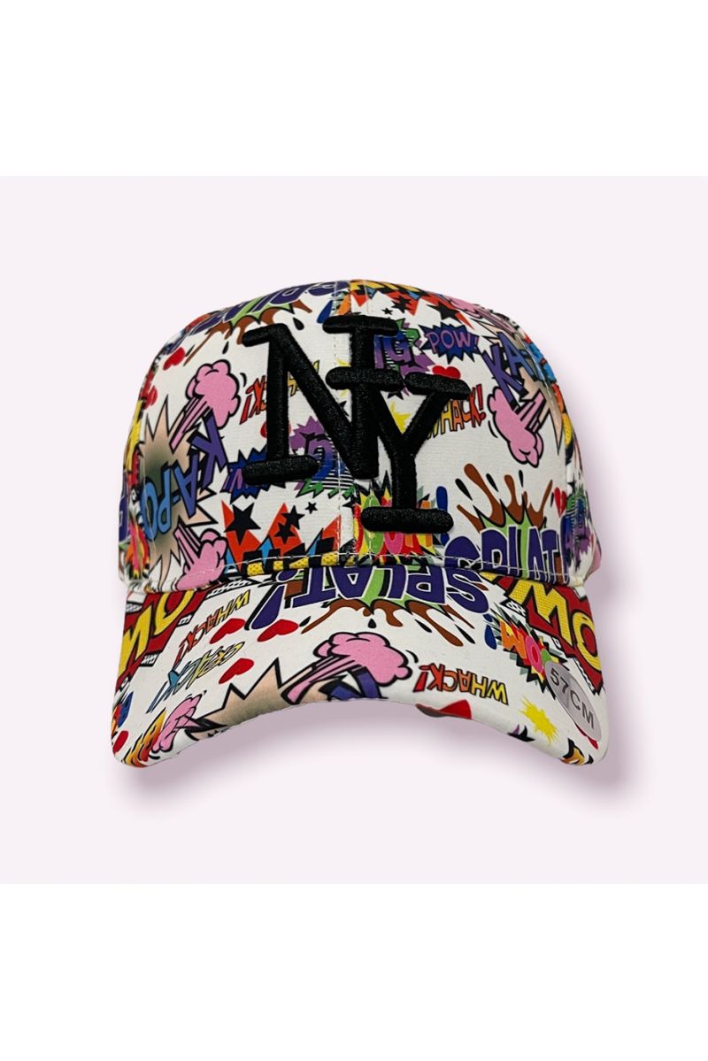 NY New York white cap with GIF writing print and purple boom emojis - 1