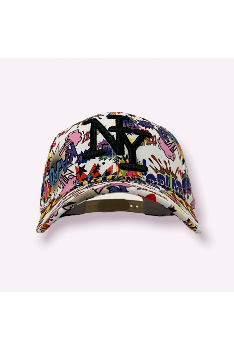 NY New York white cap with GIF writing print and purple boom emojis - 2