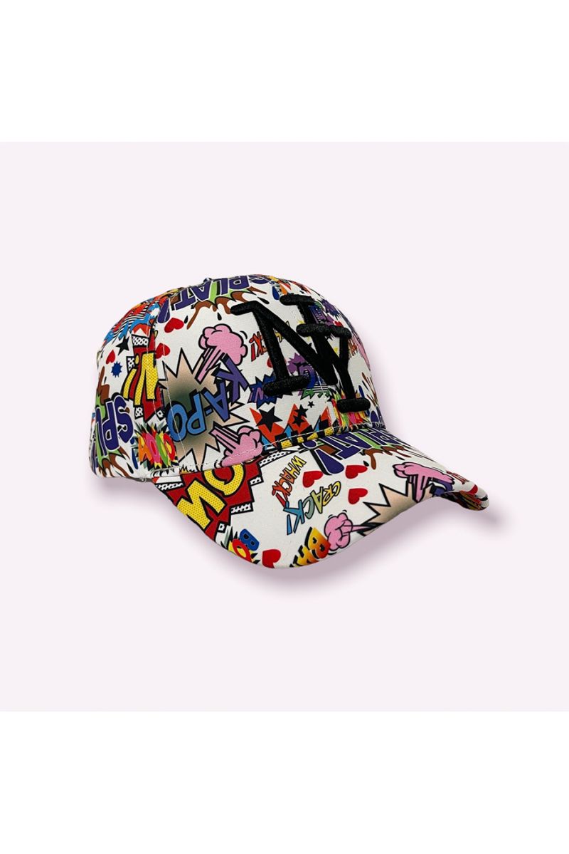NY New York white cap with GIF writing print and purple boom emojis - 5
