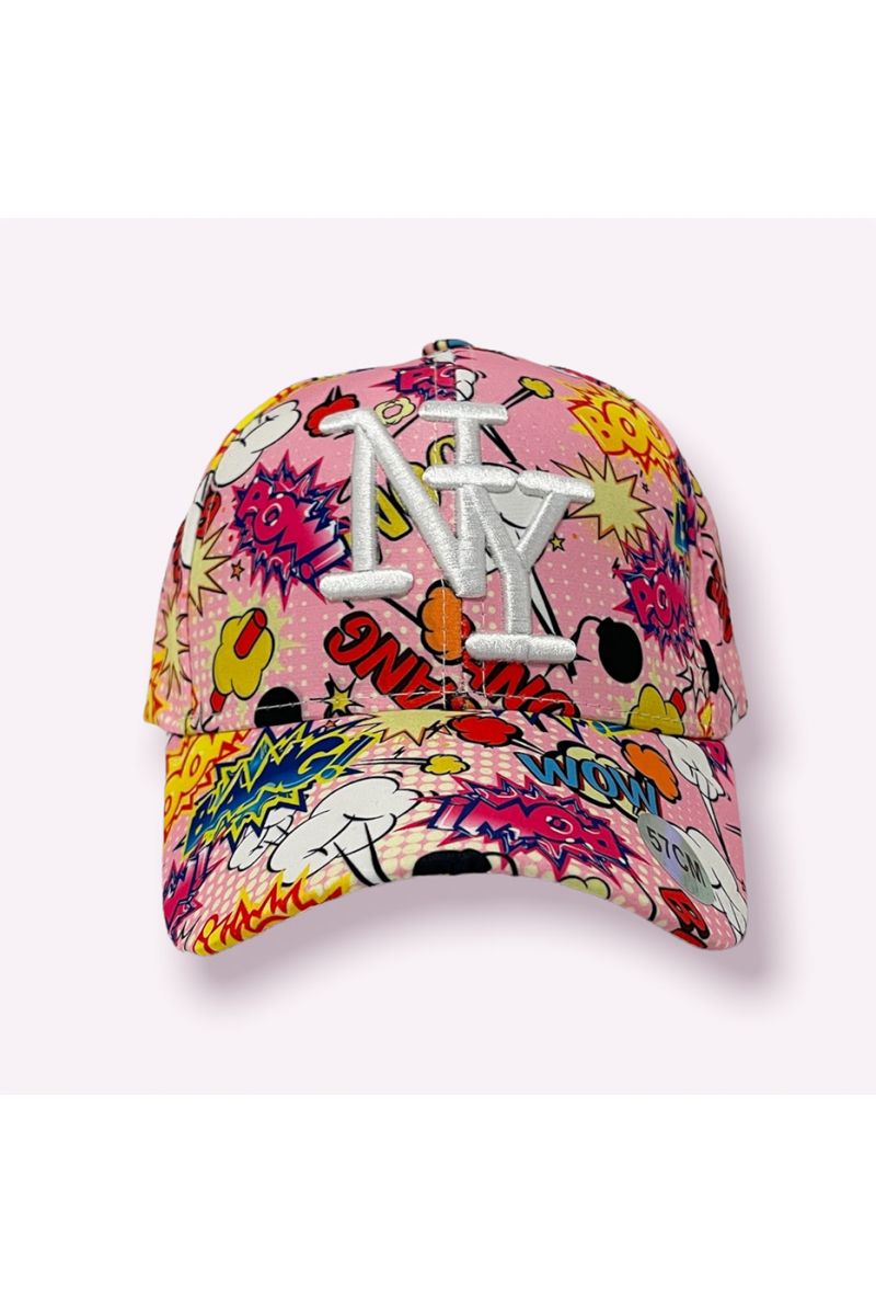 NY New York pink cap with GIF writing print and multicolored boom emojis - 1