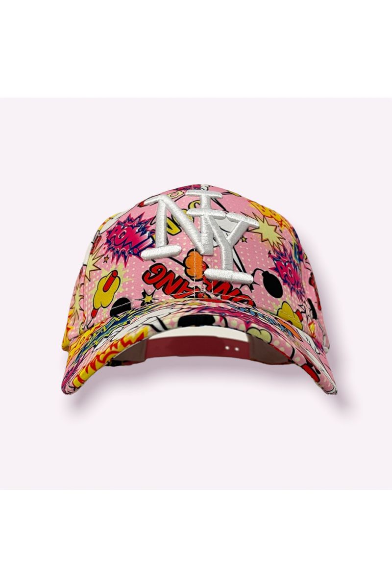 NY New York pink cap with GIF writing print and multicolored boom emojis - 2