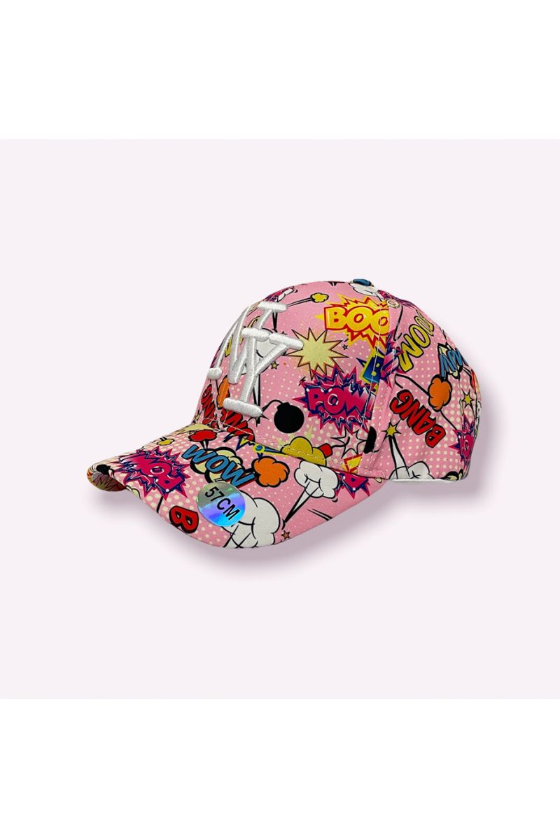 NY New York pink cap with GIF writing print and multicolored boom emojis - 3