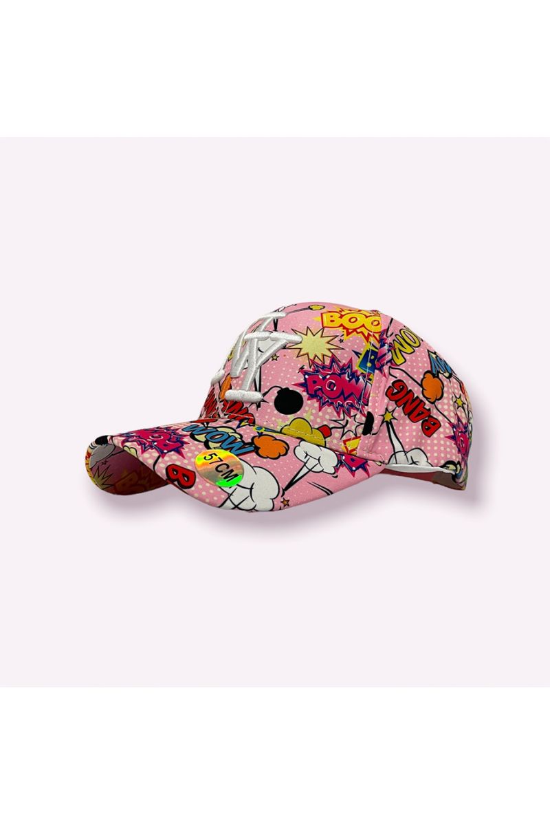 NY New York pink cap with GIF writing print and multicolored boom emojis - 4