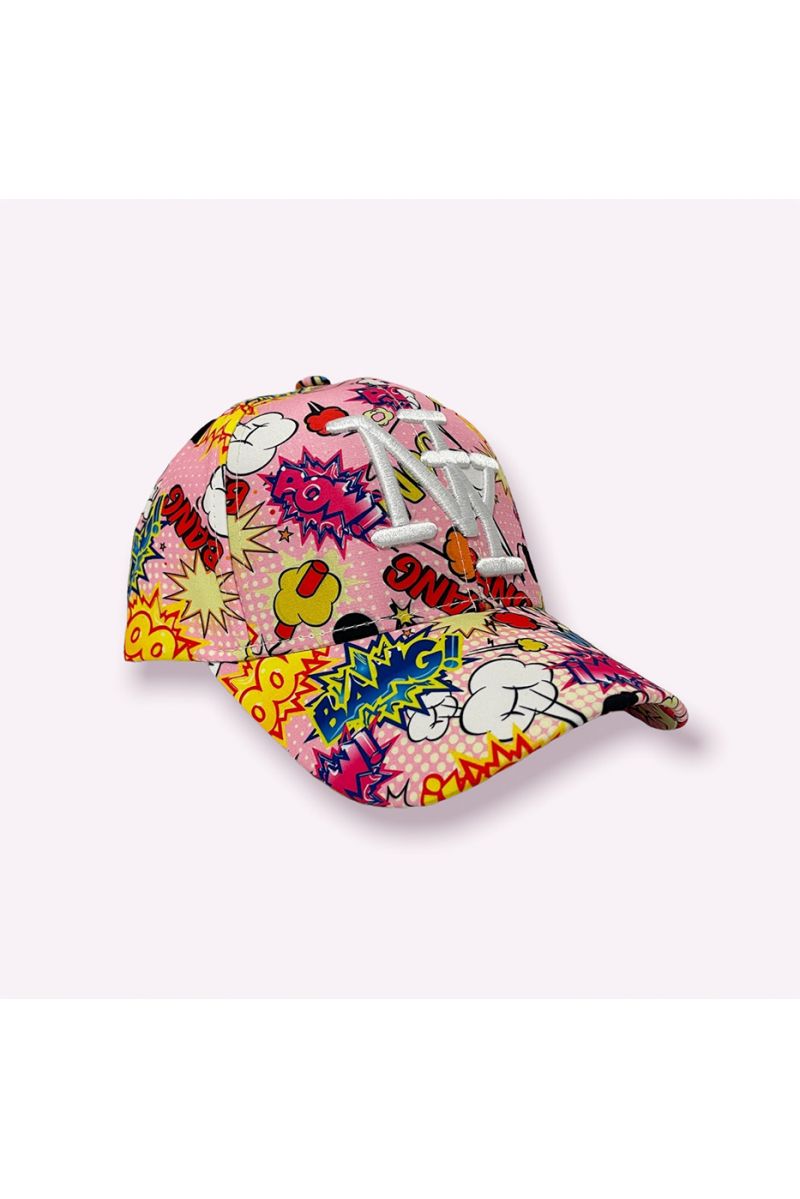 NY New York pink cap with GIF writing print and multicolored boom emojis - 5