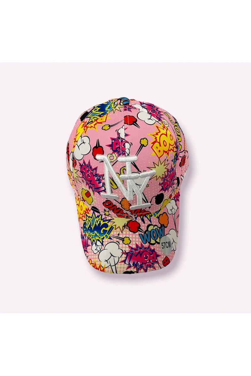 NY New York pink cap with GIF writing print and multicolored boom emojis - 8
