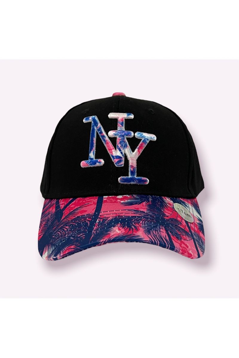 Black NY New York cap with purple foliage print on the front and on the logo - 1