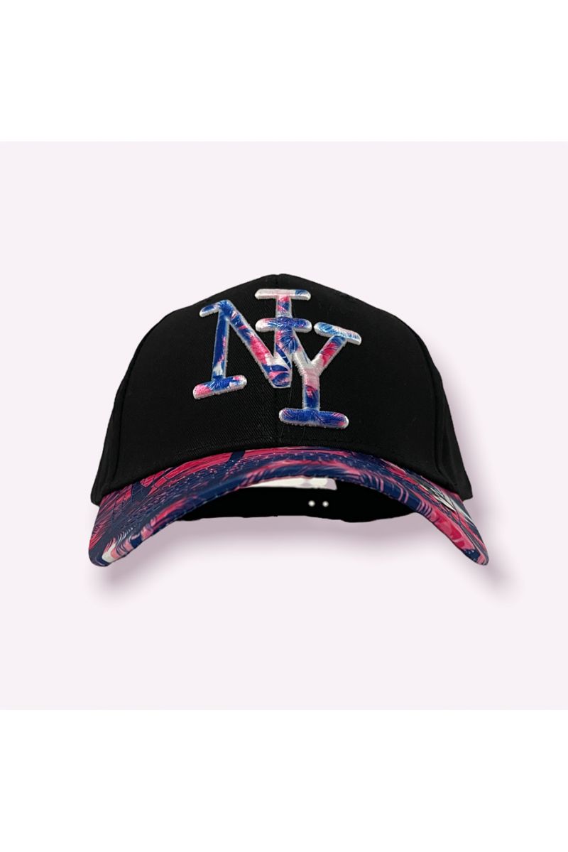 Black NY New York cap with purple foliage print on the front and on the logo - 2
