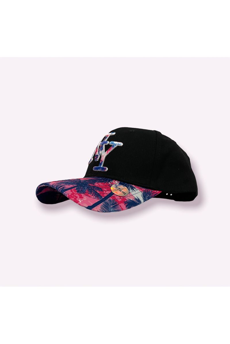 Black NY New York cap with purple foliage print on the front and on the logo - 4
