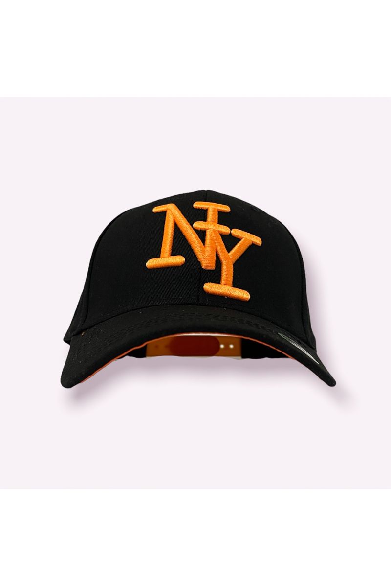 Zwarte pet NY New York met super trendy effen kleur, essentieel voor het seizoen, en fluorescerend oranje opschrift - 2