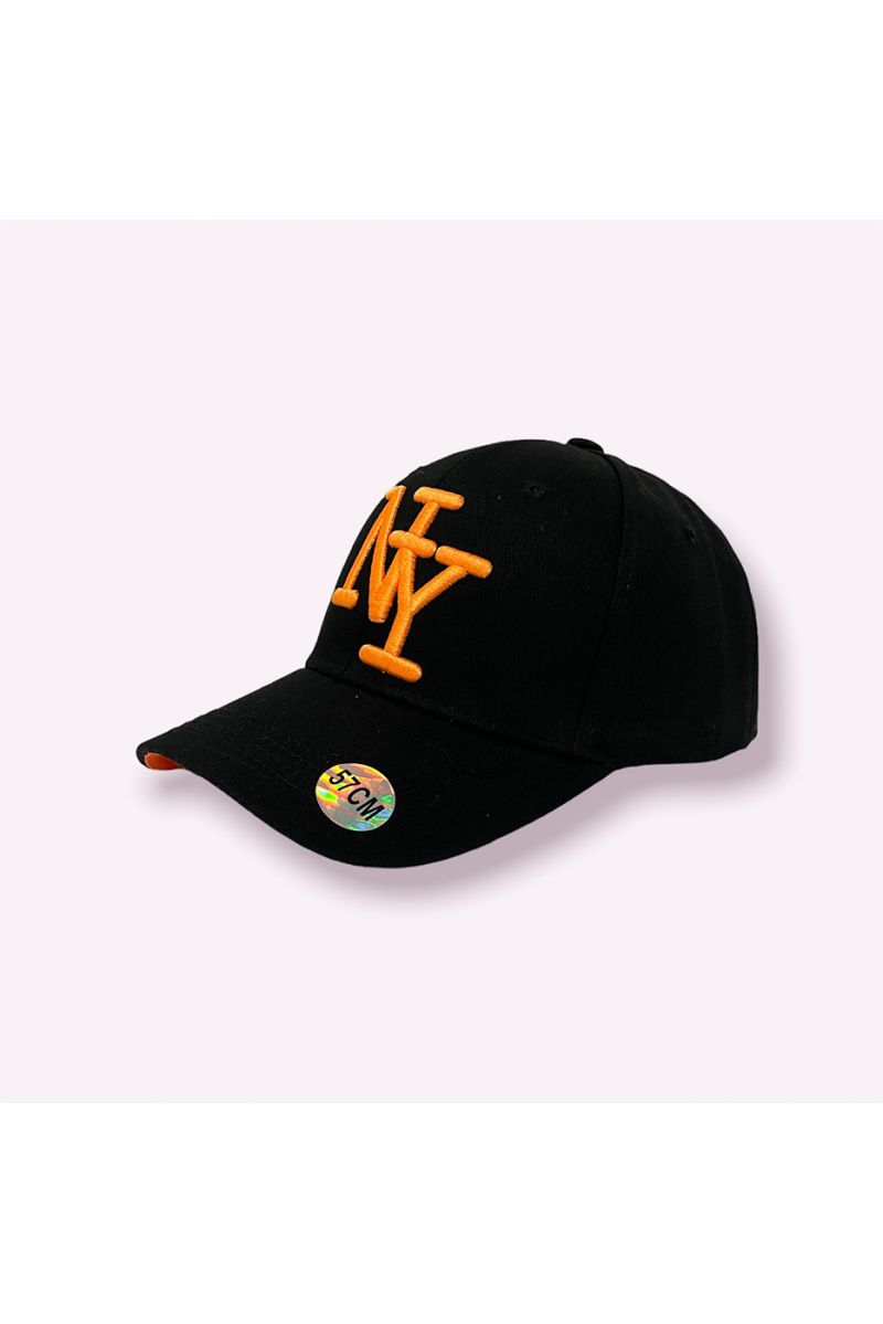 Zwarte pet NY New York met super trendy effen kleur, essentieel voor het seizoen, en fluorescerend oranje opschrift - 3