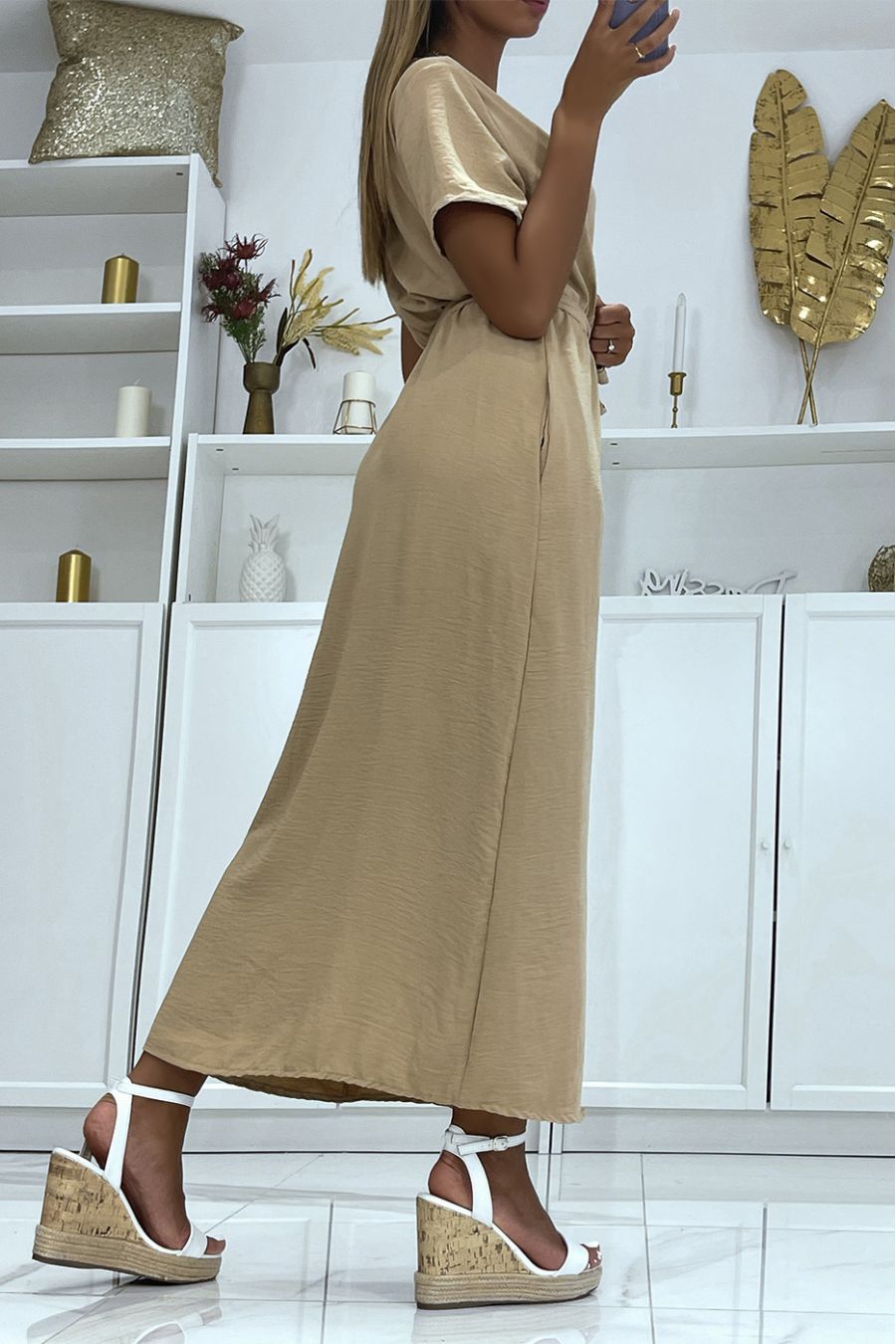 Long beige wrap dress with front slit belt - 1