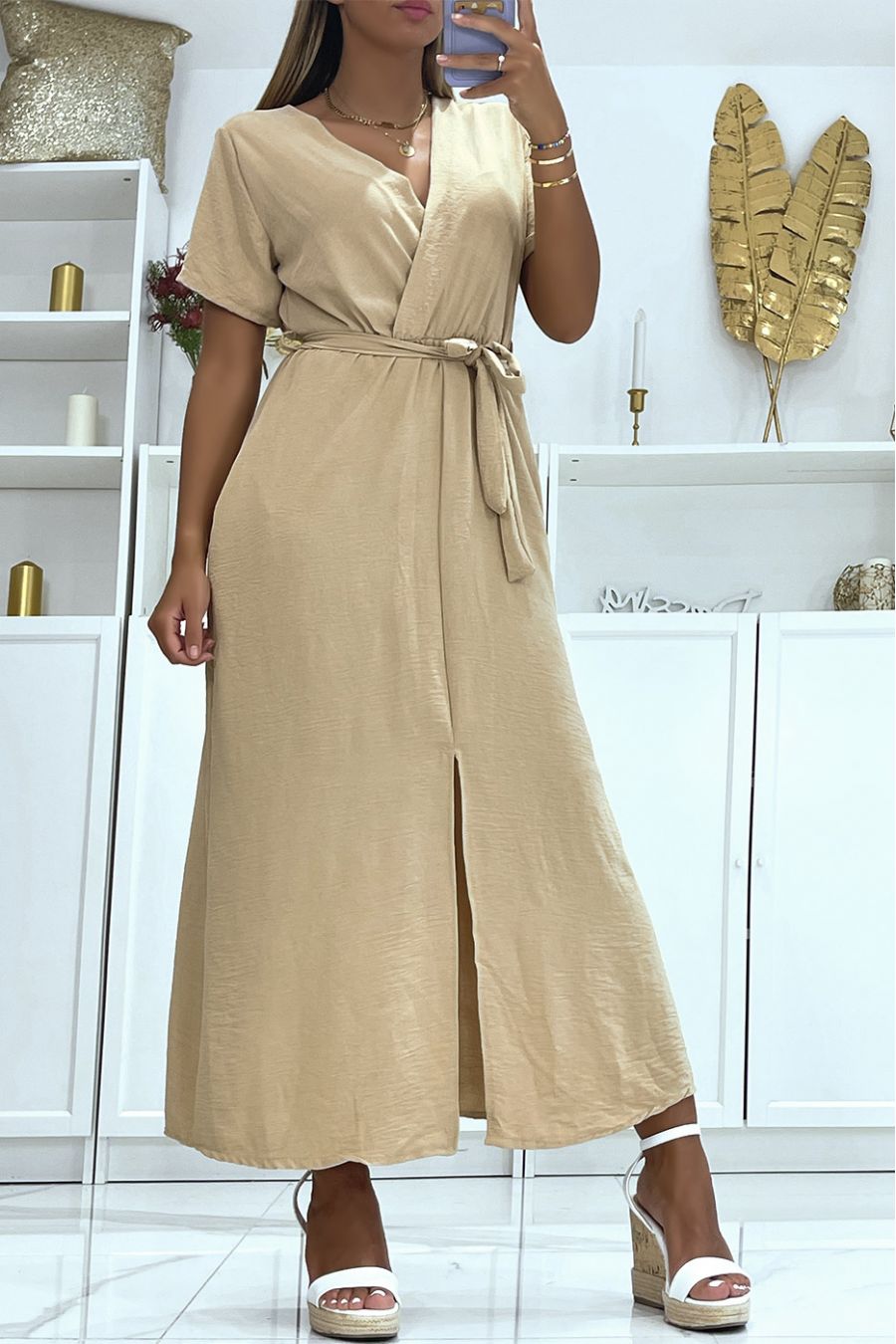 Longue robe cache coeur à ceinture fendue à l'avant beige   - 3