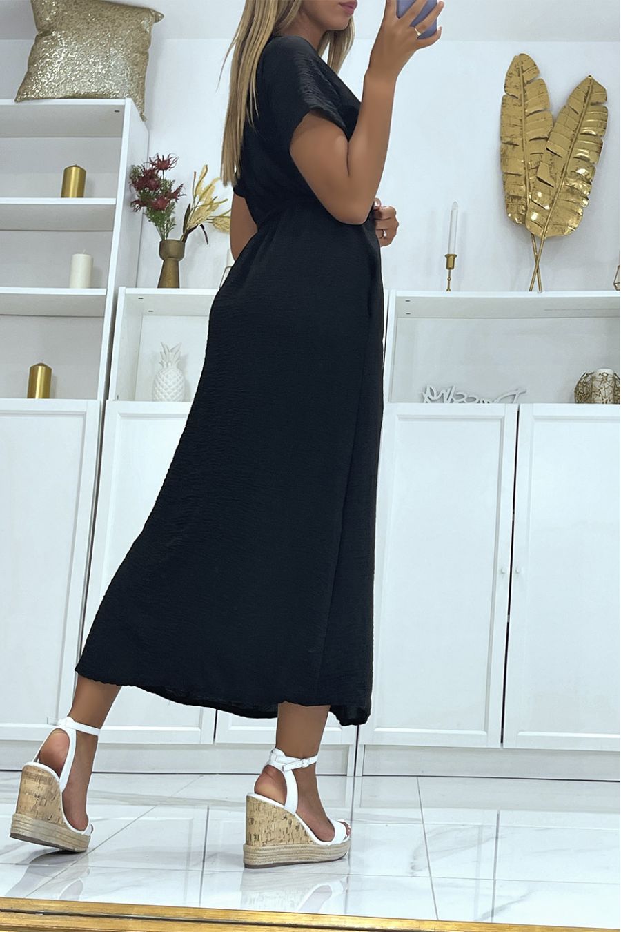 Long black wrap dress with slit front belt - 1