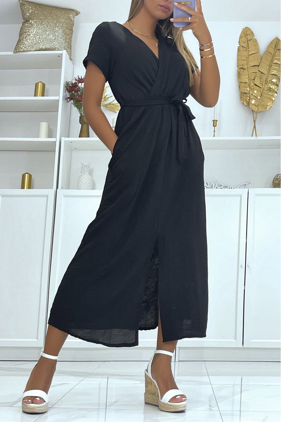 Longue robe cache coeur à ceinture fendue à l'avant noire   - 2