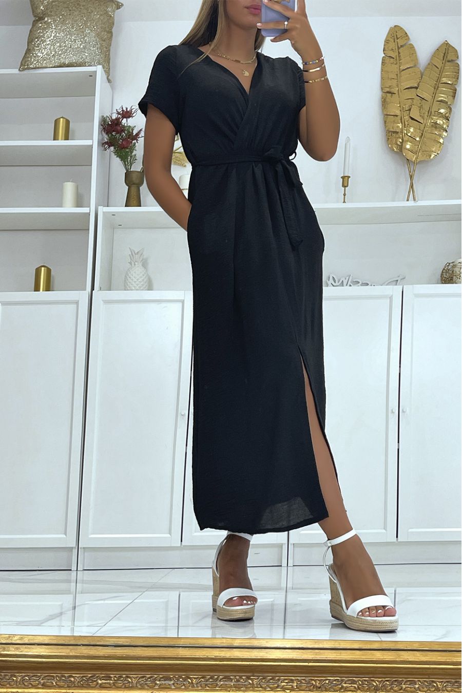 Long black wrap dress with slit front belt - 3