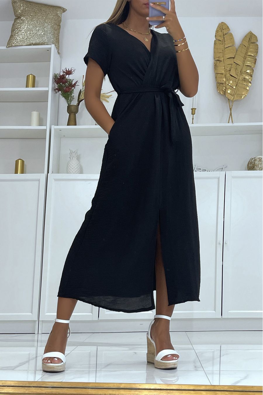 Long black wrap dress with slit front belt - 4