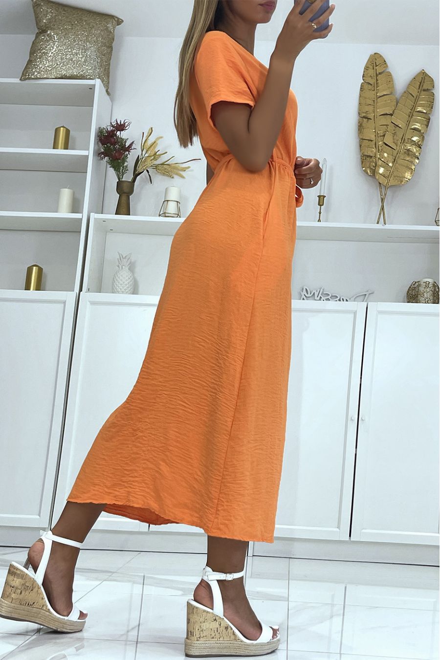 Longue robe cache coeur à ceinture fendue à l'avant orange   - 1