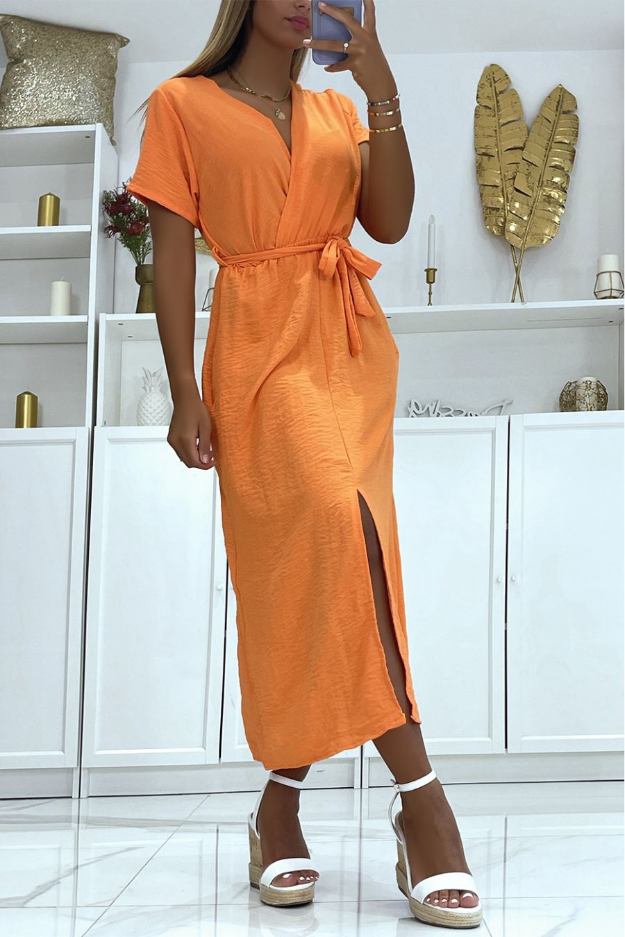 Longue robe cache coeur à ceinture fendue à l'avant orange   - 2
