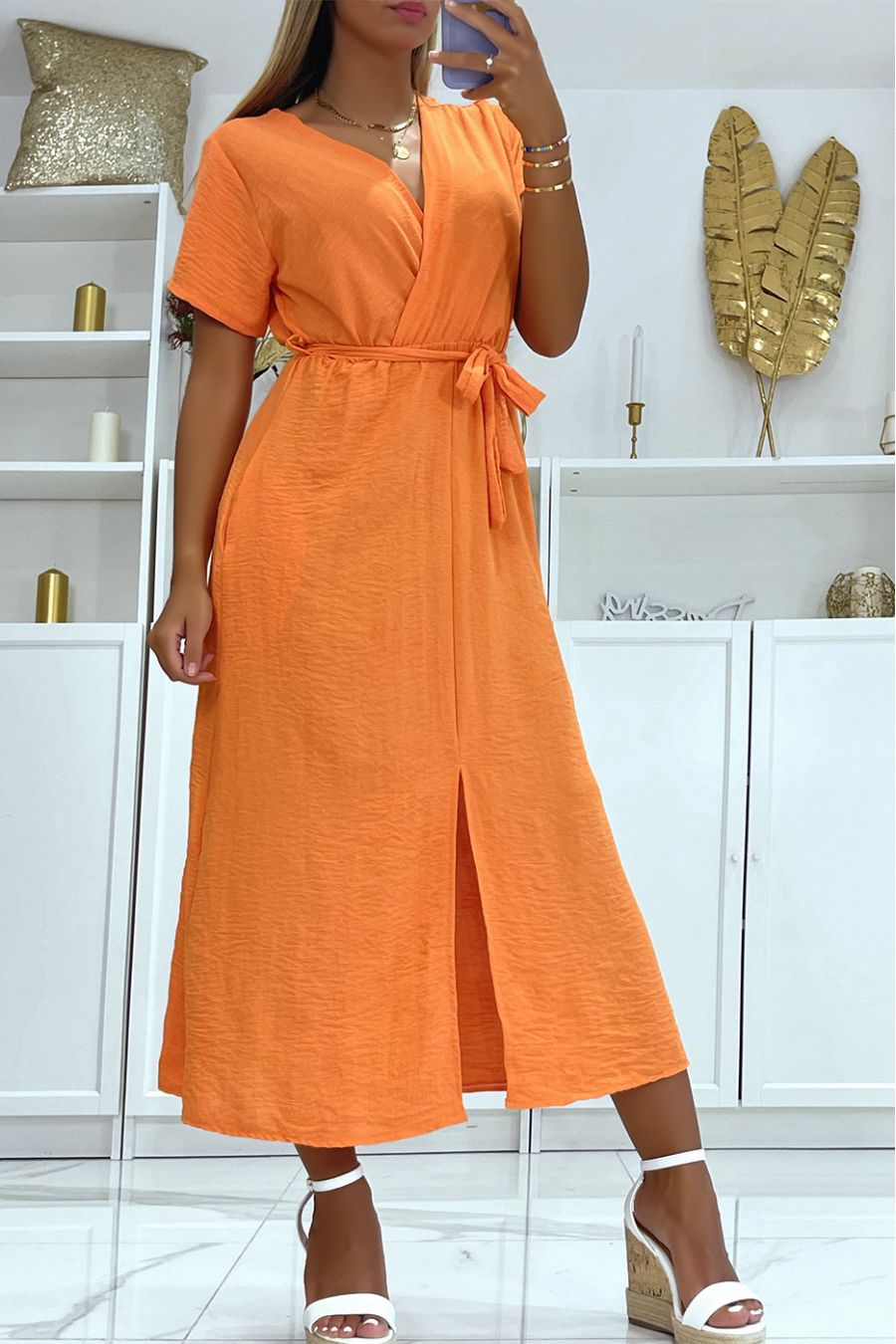 Longue robe cache coeur à ceinture fendue à l'avant orange   - 3