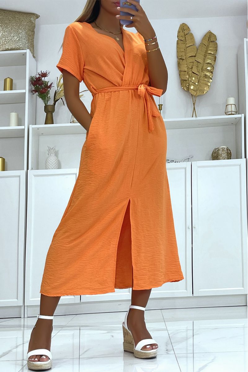 Orange Split Front Belt Wrap Long Dress - 4