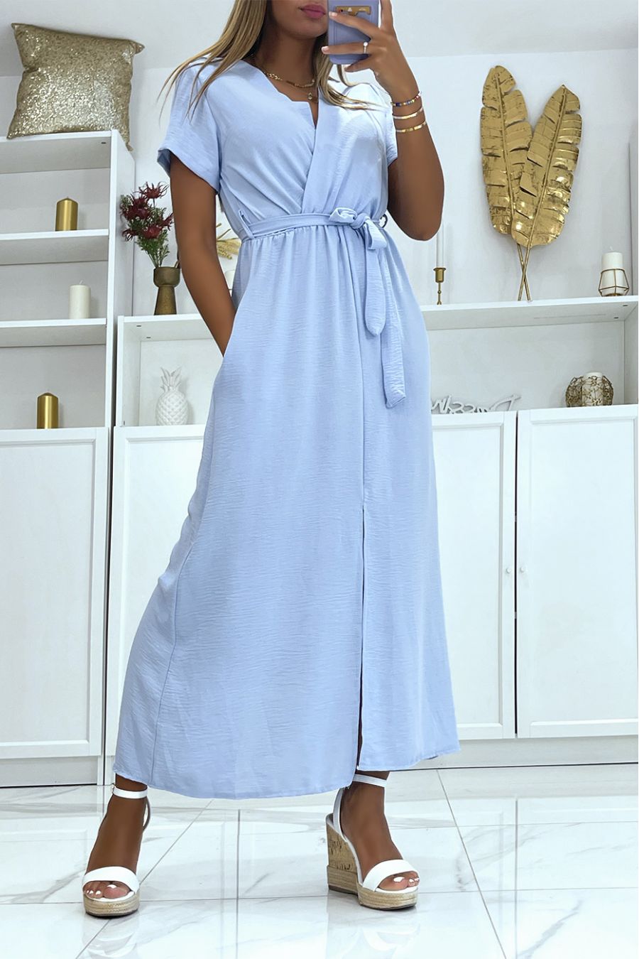 Turquoise Front Split Belt Wrap Long Dress - 4