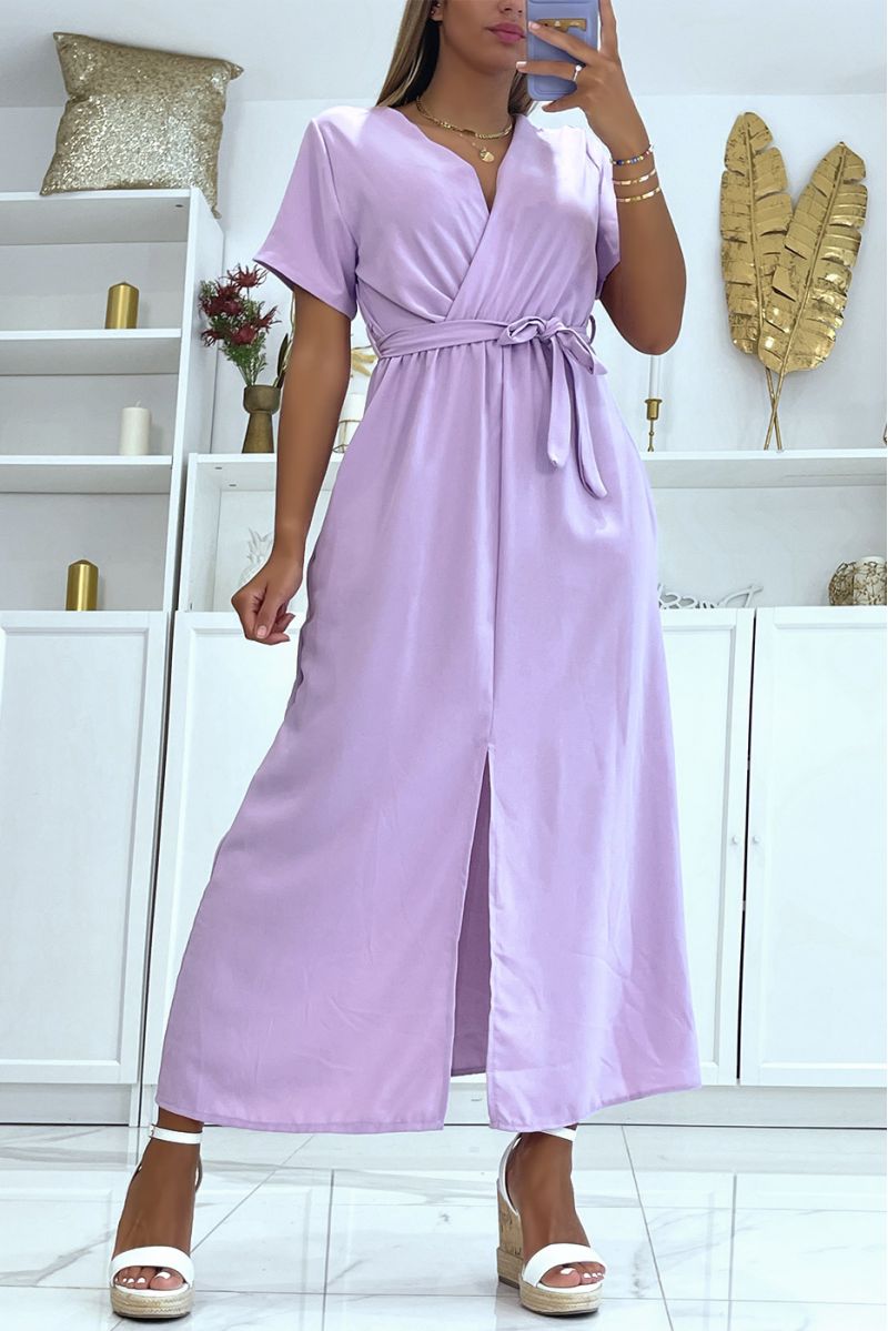 Lilac Split Front Belt Wrap Long Dress - 2