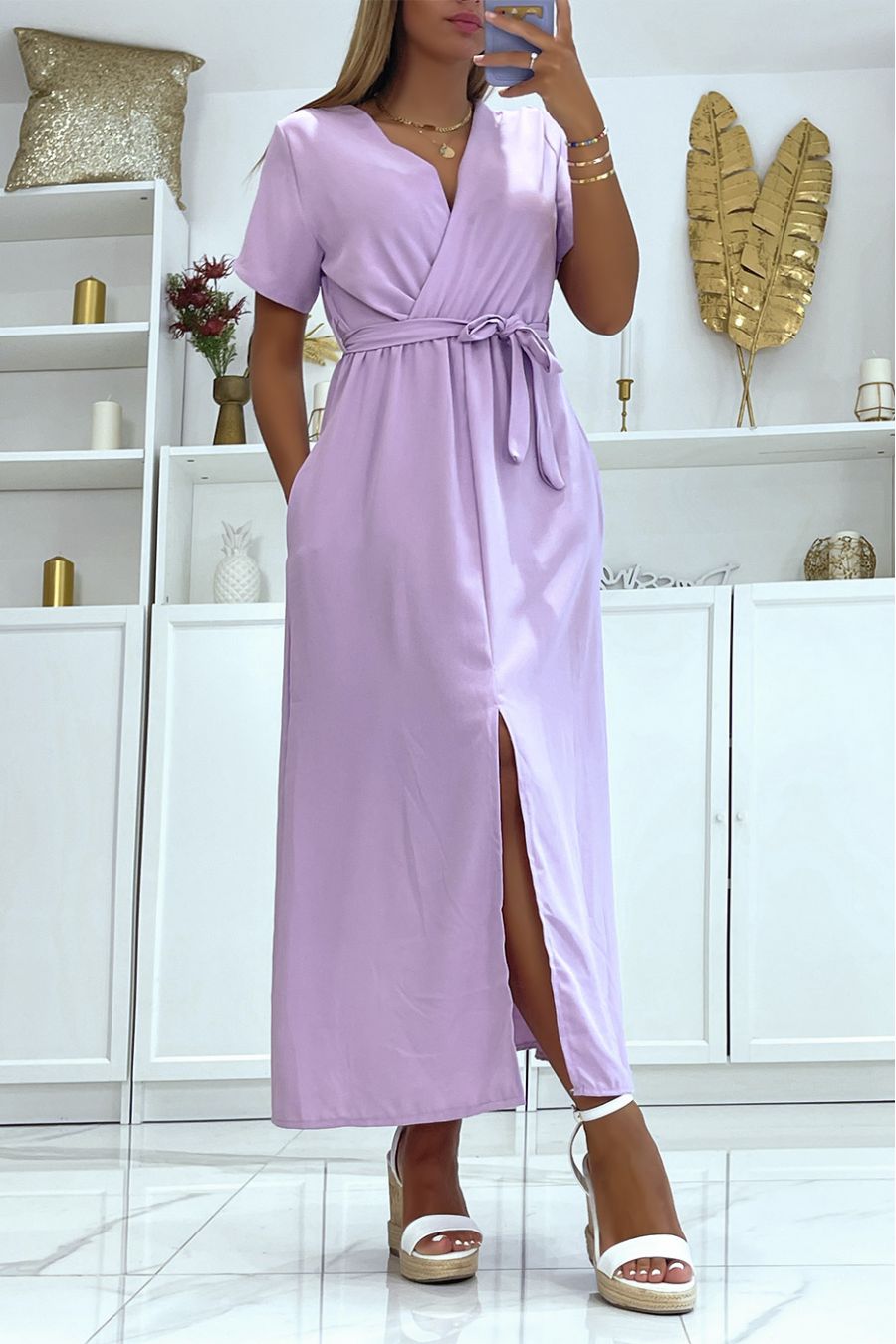 Lilac Split Front Belt Wrap Long Dress - 3
