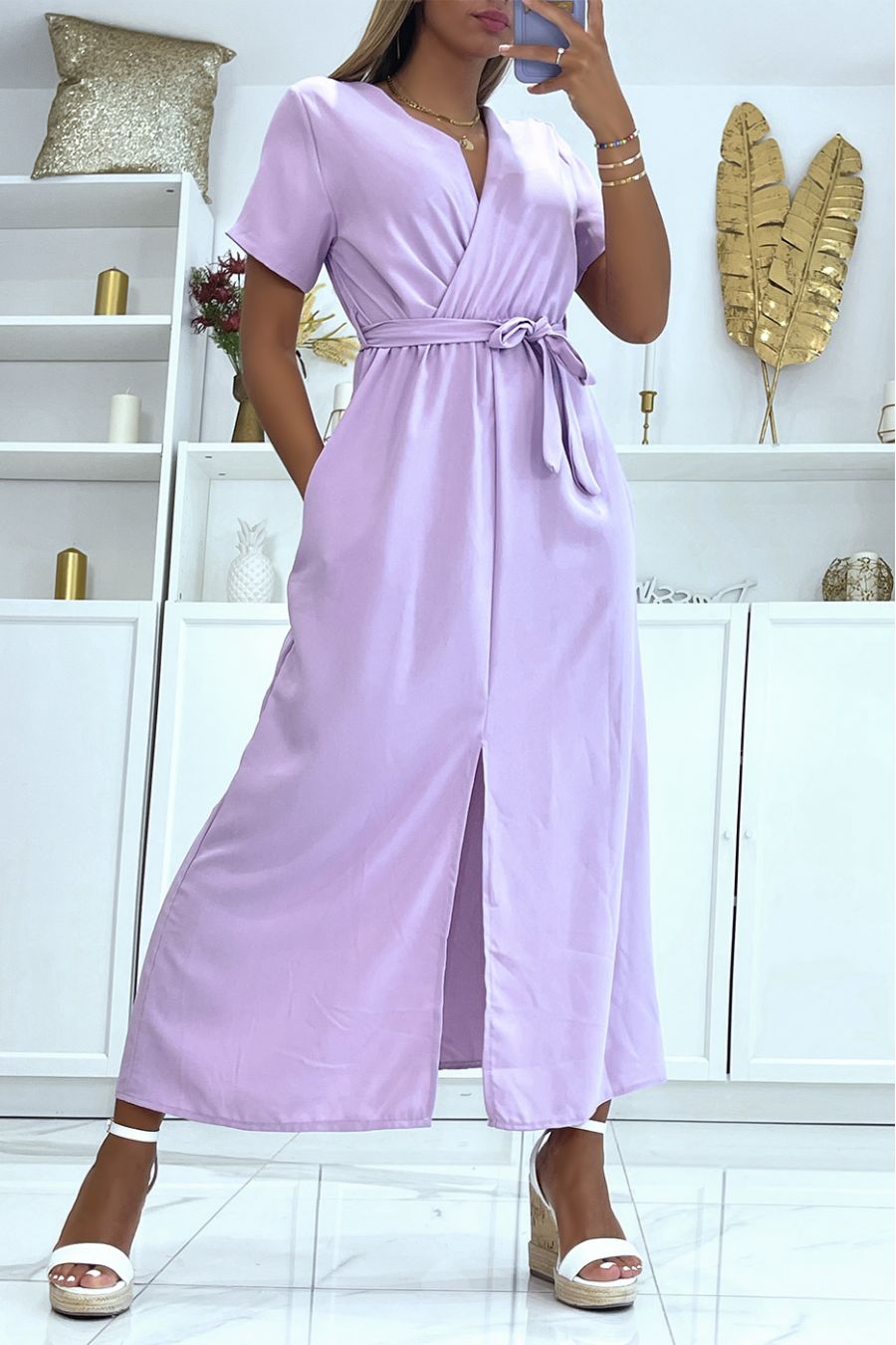 Lilac Split Front Belt Wrap Long Dress - 4