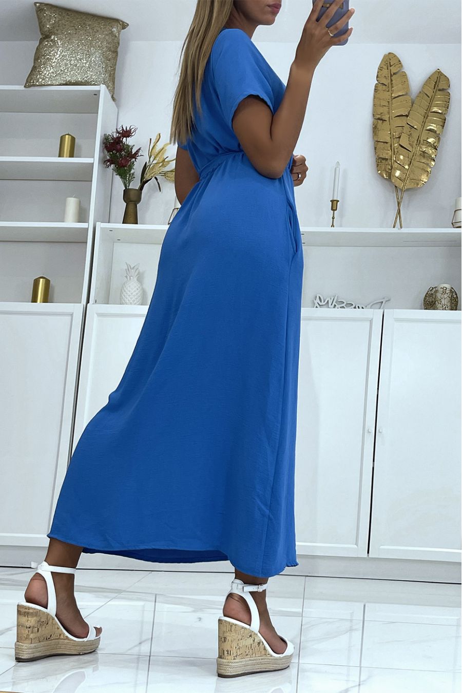 Long wrap dress with split belt in the front royal - 1
