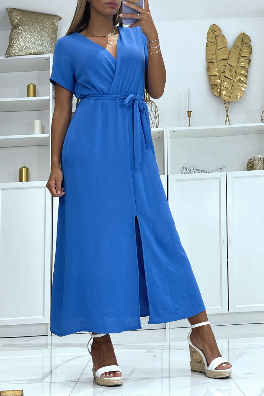 Long wrap dress with split belt in the front royal - 2