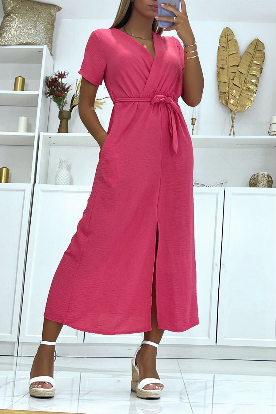 Fuchsia lange wikkeljurk met riem met split aan de voorkant - 4