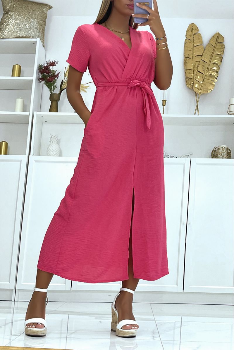Fuchsia long wrap dress with slit front belt - 4