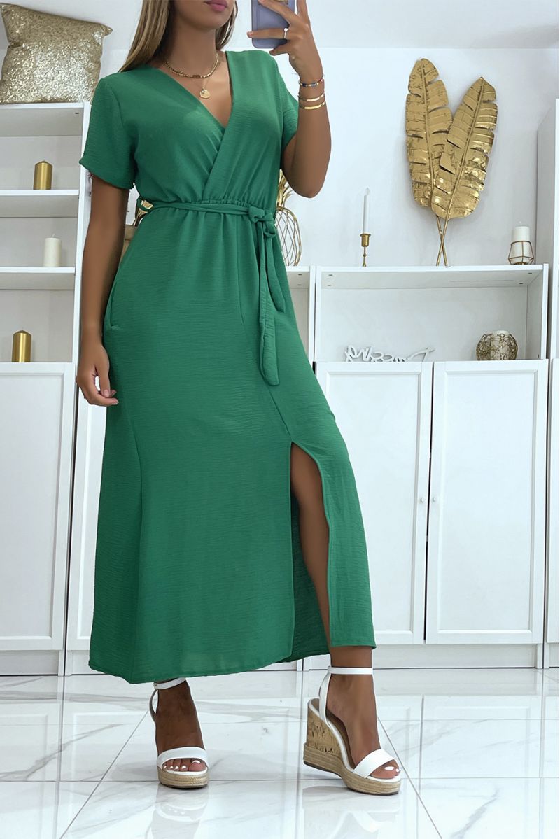 Long green wrap dress with slit belt at the front - 2