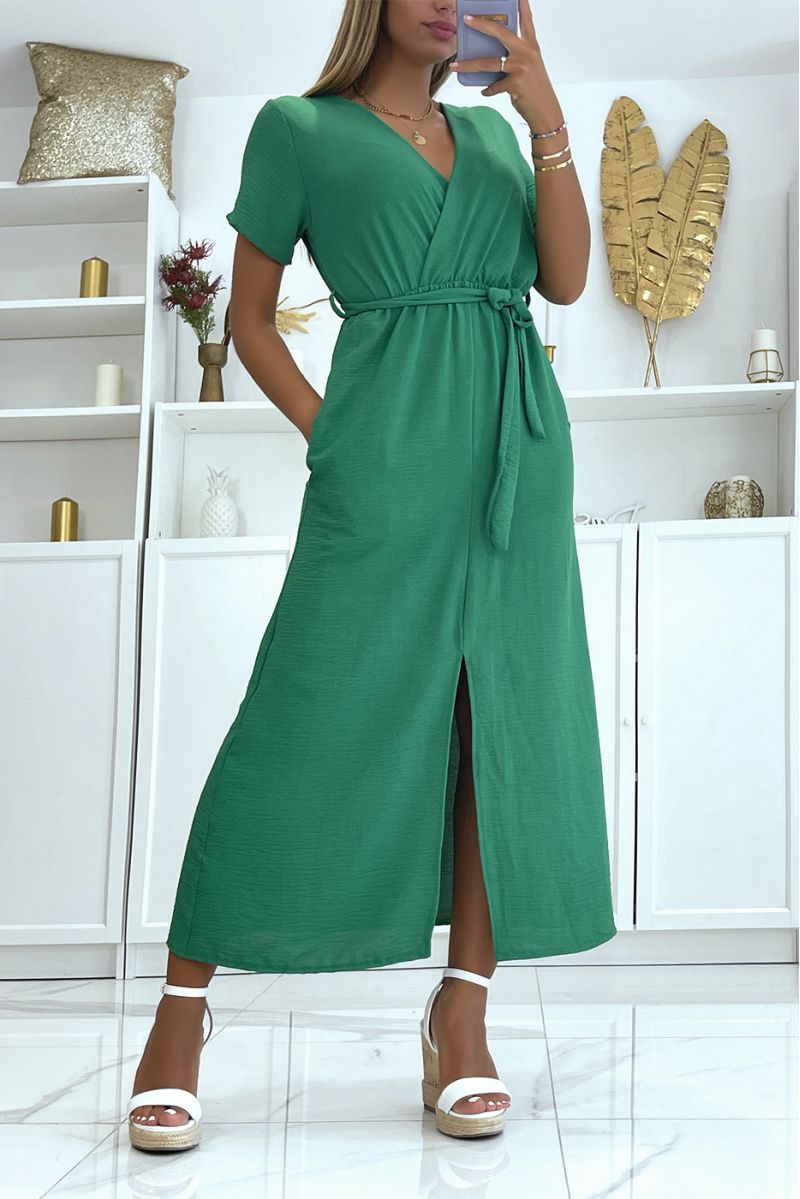 Long green wrap dress with slit belt at the front - 3